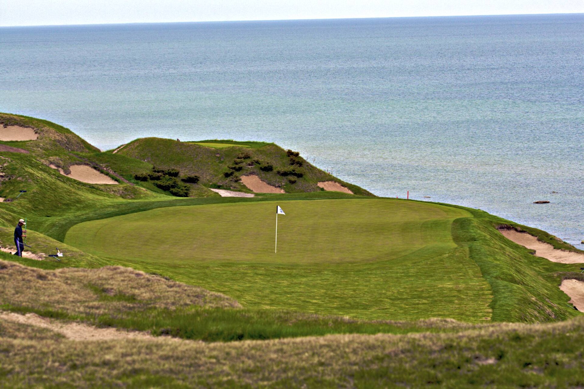 A lakeside green and bunkers at Whistling Straits, Wisconsin.